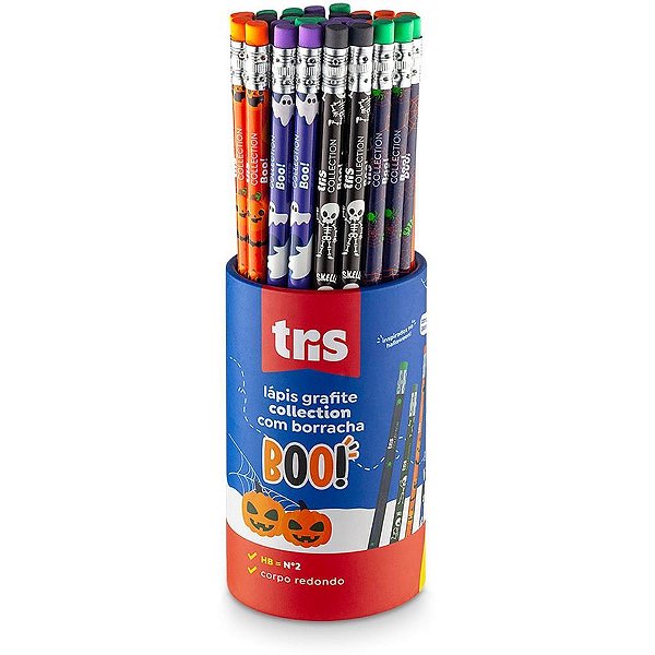 Lápis Preto Redondo Decorado TRIS Collection Boo com Borracha - Pote com 36
