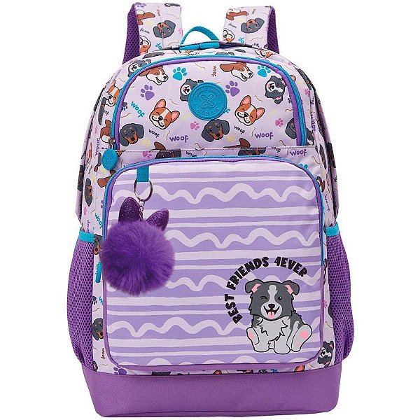 Mochila Infantil College DOGS 16" em Poliéster com Bolsos e Chaveiro