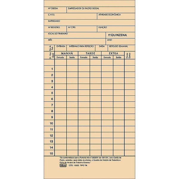 Cartão de Ponto Mensal TA Palha 85X179MM - Pacote com 100 Unidades