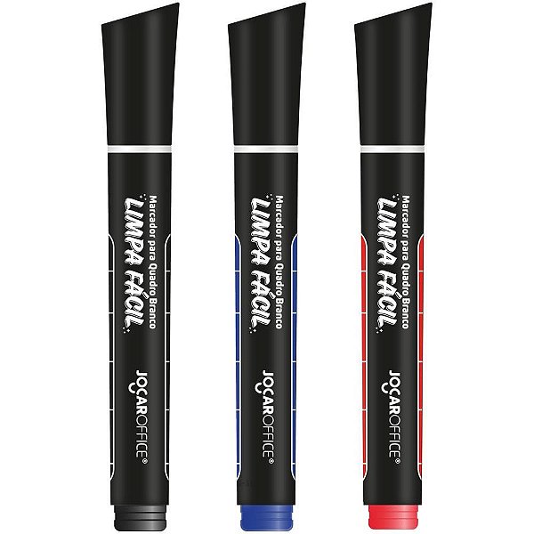 Pincel para Quadro Branco Jocar Limpa Fácil - AZUL, Vermelho e Preto - Blister com 3 Unidades