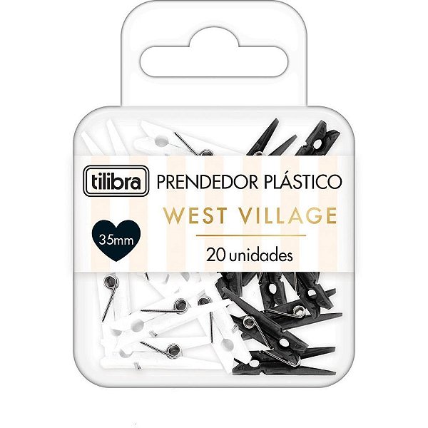 Prendedor de Papel WEST Village 32MM Preto e Branco Blister com 20 Unidades