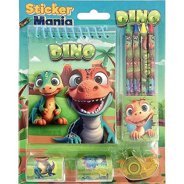 Kit Sticker Mania – Dinossauros: Livro Infantil para Colorir com Adesivos e GIZ de Cera