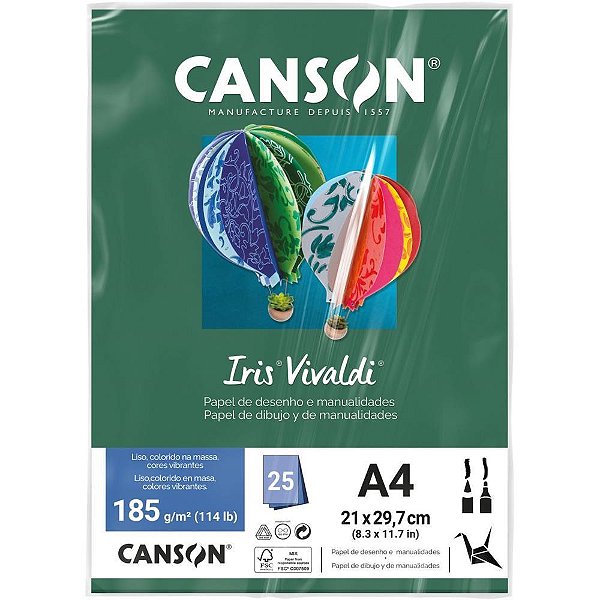 Papel A4 Colorido Canson IRIS Vivaldi Verde 185G/M² - Pacote com 25 Folhas