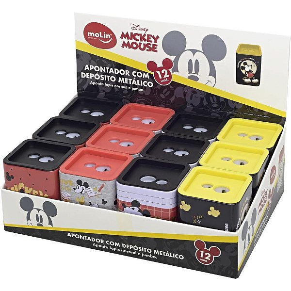 Apontador com Depósito 2 Furos Mickey Quadrado Metálico - Display com 12 Unidades