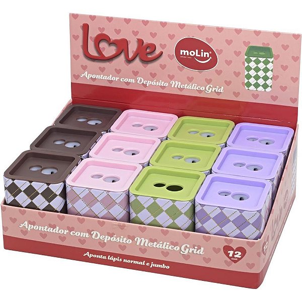 Apontador com Depósito 2 Furos Love GRID Metálico - 4 Cores - Display com 12 Unidades