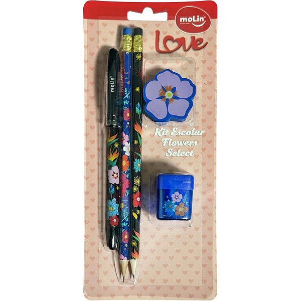 Kit Escolar Love com Caneta, 2 Lápis, Borracha e Apontador