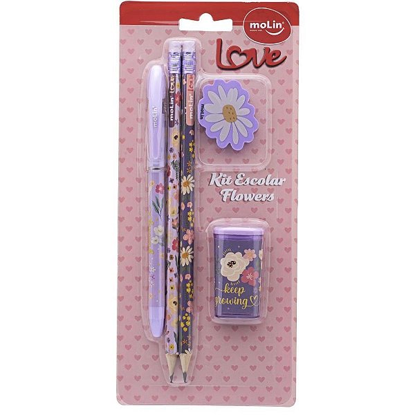 Kit Escolar Love com Caneta, Lápis, Borracha e Apontador Molin