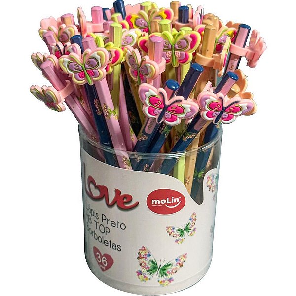 Lápis Preto Sextavado Decorado Love Borboletas com Borracha TOP - Pote com 36 Unidades