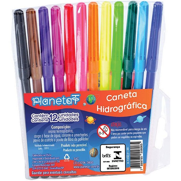 Caneta Hidrográfica 12 Cores - Pacote com 12 Unidades