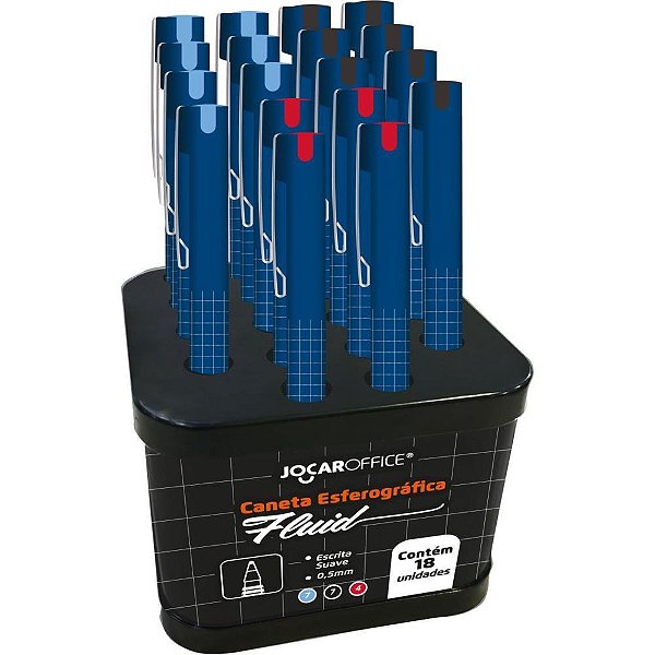 Caneta Esferográfica Jocar Fluid 0.5MM AZUL, Preta e Vermelha DP com 18 Unidades