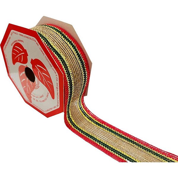 Fita ARAMADA de Juta Sintética Jute 38MMX10M CRU/VERDE/VERMELHO/DOURADO Rolo
