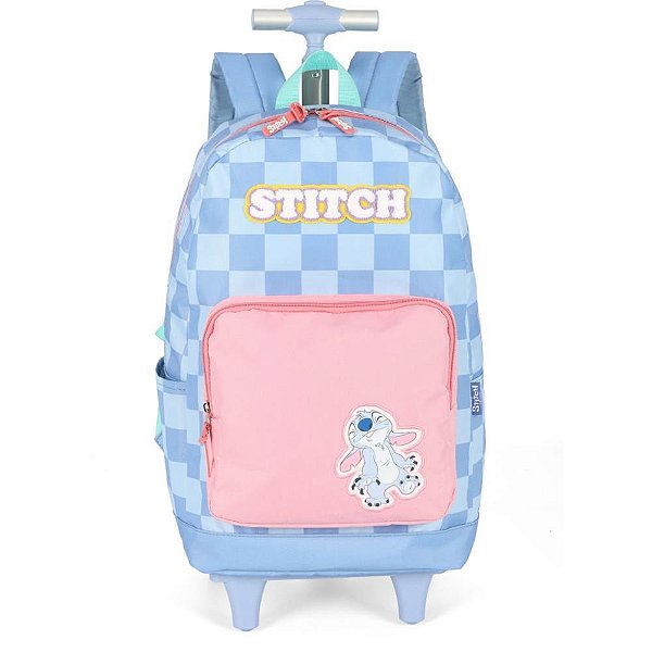Mochila com Rodinha STITCH G Azul com ALÇA e Paetês