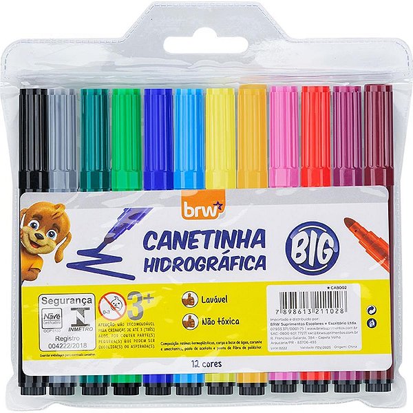 Caneta Hidrográfica Jumbo BIG 12 Cores Pacote com 12