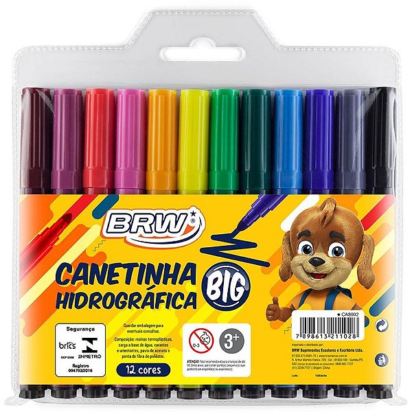Caneta Hidrográfica Jumbo BIG 12 Cores Pacote com 12