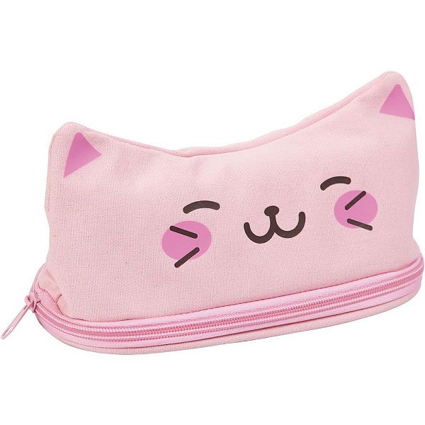 Estojo Simples Kawaii Gatinho Rosa em Lona