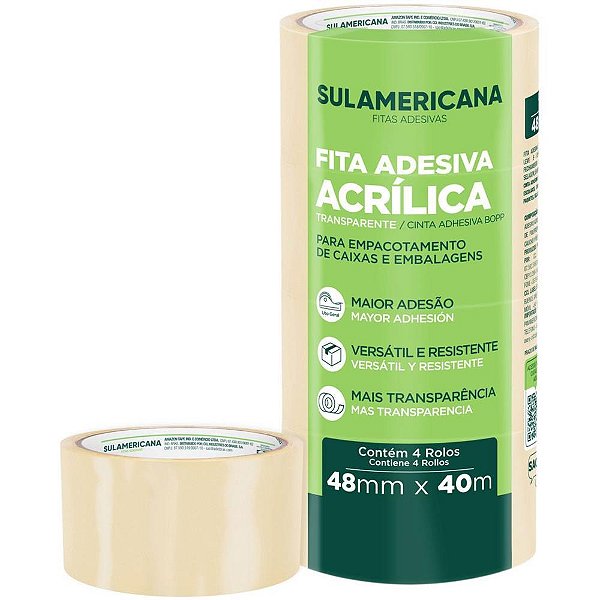 Fita para Empacotamento Sulamericana PP 48MM X 40M Transparente Pacote com 4