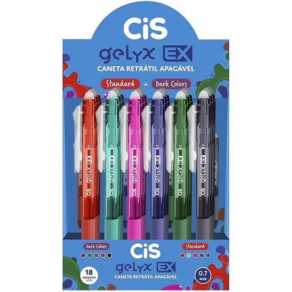 Caneta Esferográfica Retrátil CIS GELYX EX Apagável 0.7MM Display com 18