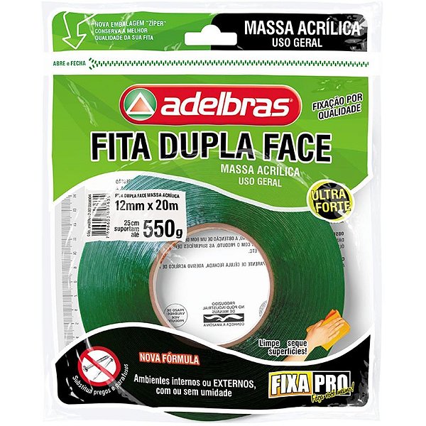 Fita Dupla Face Massa Acrílica Verde 12MM X 20M