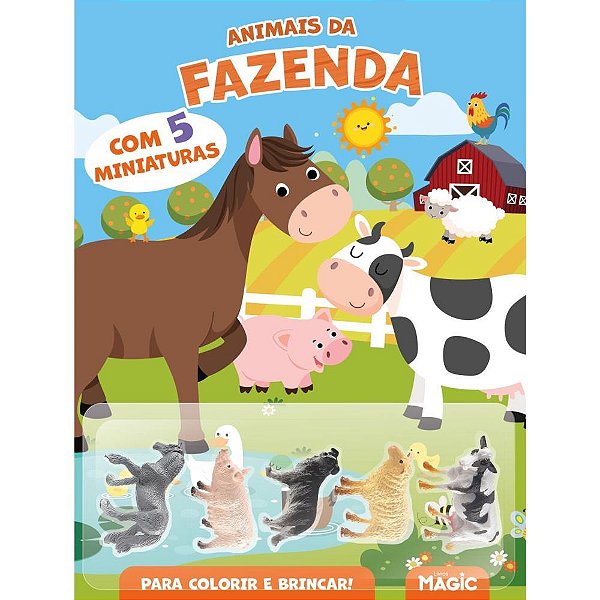 Livro Brinquedo Ilustrado Animais da Fazenda com 5 Miniaturas