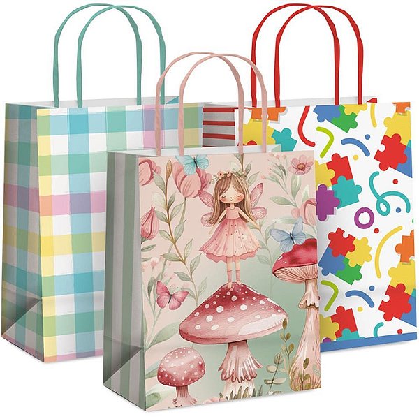 Sacola para Presente Decorada Bebê Infantil M 26X19,5X9,5CM Pacote com 10