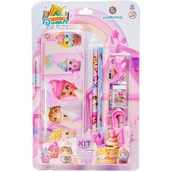 Kit Escolar DOCES/UNICÓRNIO com 6 Peças e Estojo Metálico Sortido