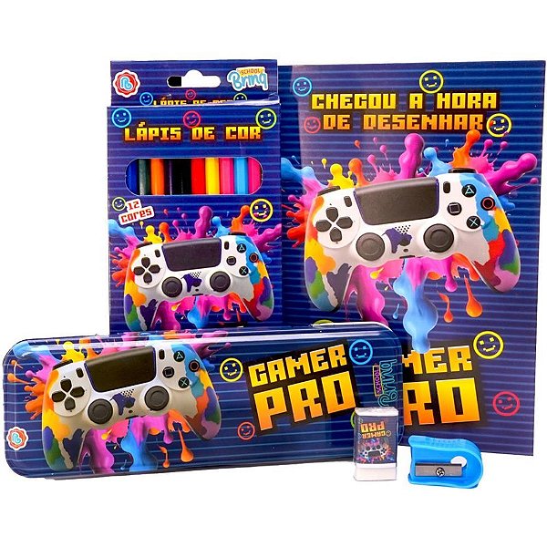 Kit Escolar DINO/GAMER para Colorir com Estojo Metálico Sortido