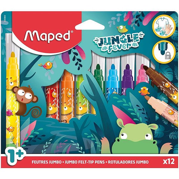 Caneta Hidrográfica Jumbo Jungle Fever 12 Cores Pacote com 3