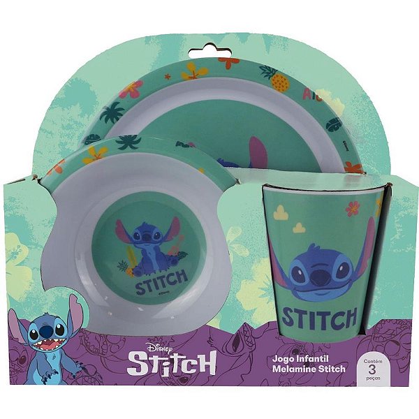 Kit Alimentação Infantil STITCH com 3 Peças – Prato, BOWL e Copo