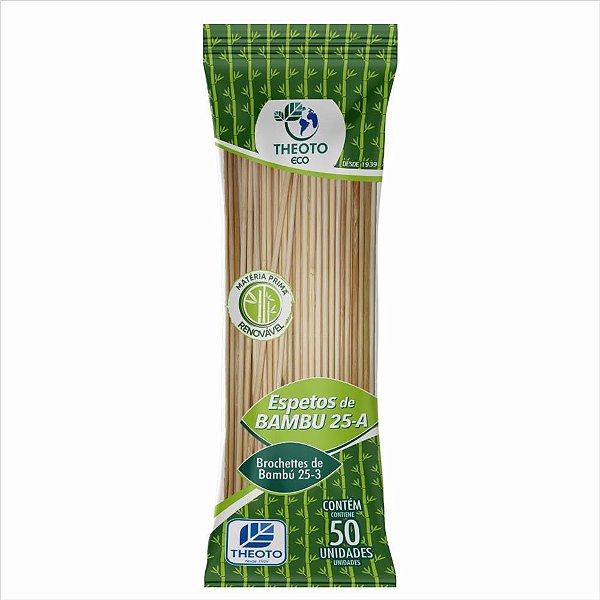 Espeto de Madeira Bambu 25CM X 3MM Pacote com 50 Unidades