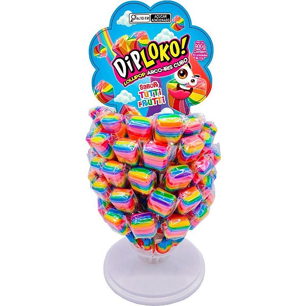 Doce DIP Loko Lollipop ARCO-ÍRIS Sabor TUTTI-FRUTTI Display com 60 Unidades