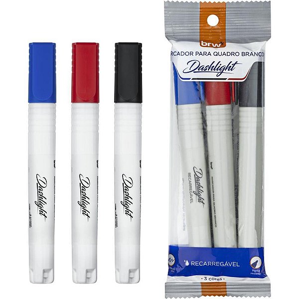 Pincel para Quadro Branco Dashlight Recarregável AZUL, Preto e Vermelho Blister com 3 Unidades