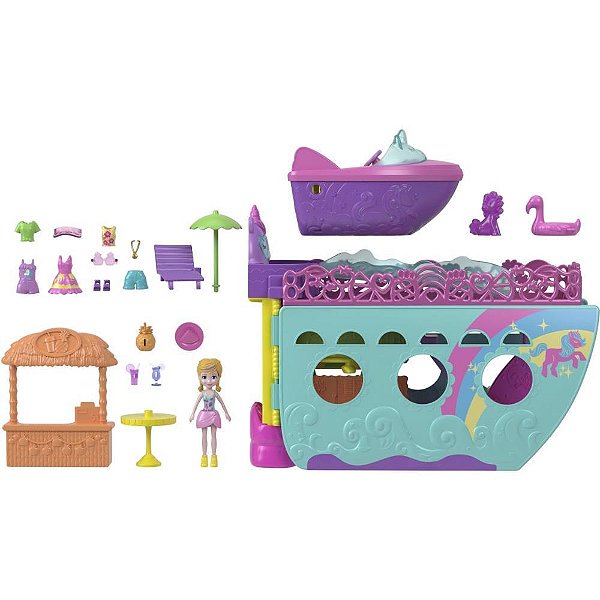 Polly Pocket Playset Barco de Unicórnio com Boneca, Piscinas e Acessórios