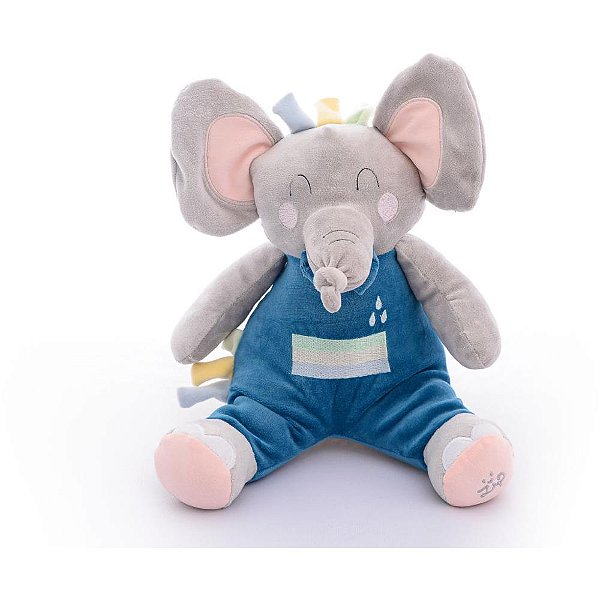 Pelúcia Elefante Safari CINZA/AZUL 34CM com Barulhinho Sensorial