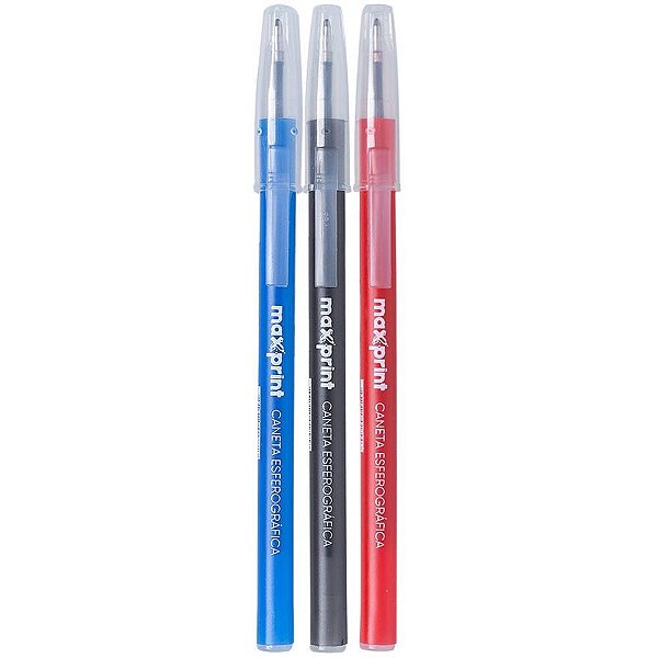 Caneta Esferográfica Maxprint STICK AZUL, Vermelha e Preta – Pote com 48 Unidades