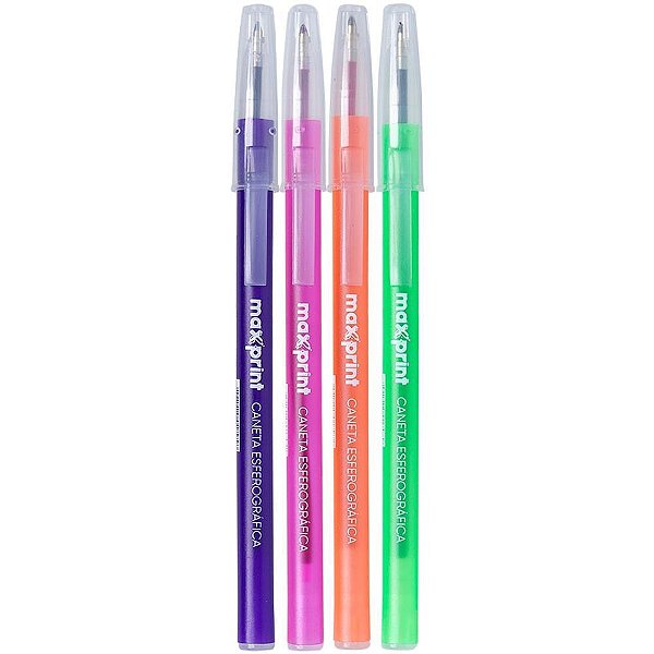 Caneta Esferográfica Maxprint STICK Colors Rosa, Roxo, Laranja e Verde – Pote com 48 Unidades
