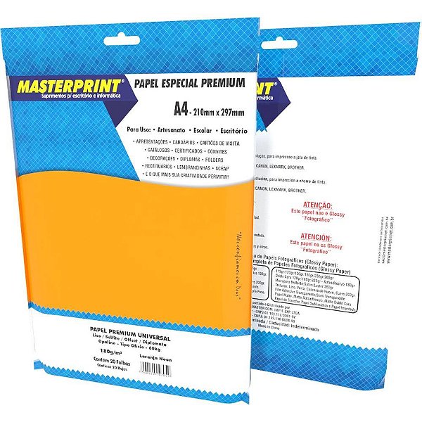 Papel A4 Color Laranja Neon 180G Pacote com 20 Folhas