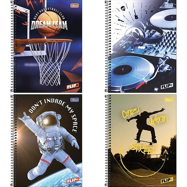 Caderno 01X1 Capa Dura FLIP+ 96 Folhas Masculino Pacote com 4