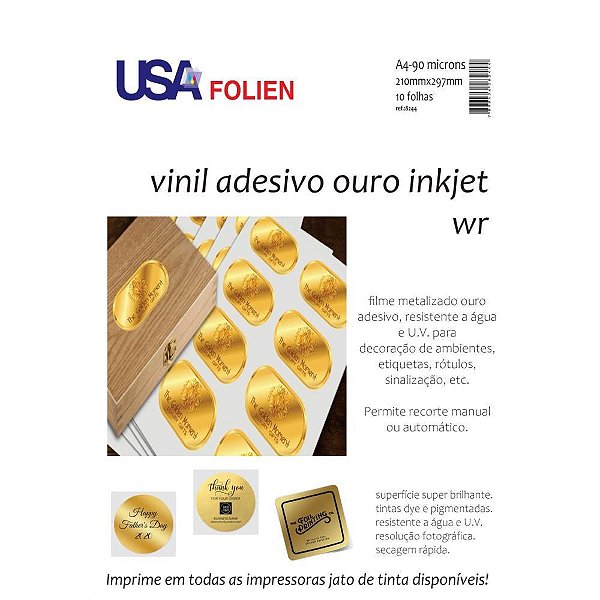 Papel Fotográfico INKJET A4 Vinil Adesivo Brilho Ouro Pacote com 10 Folhas