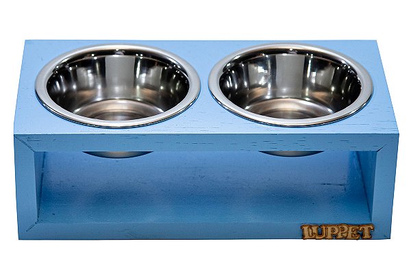 Comedouro Duplo De Madeira Com Potes Inox Para Gatos E Cachorros Azul (LP9510-02)