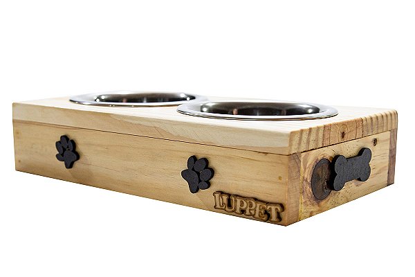 Comedouro Com Patinhas De Madeira E Potes Inox Para Cachorro Natural (LP9512-03)