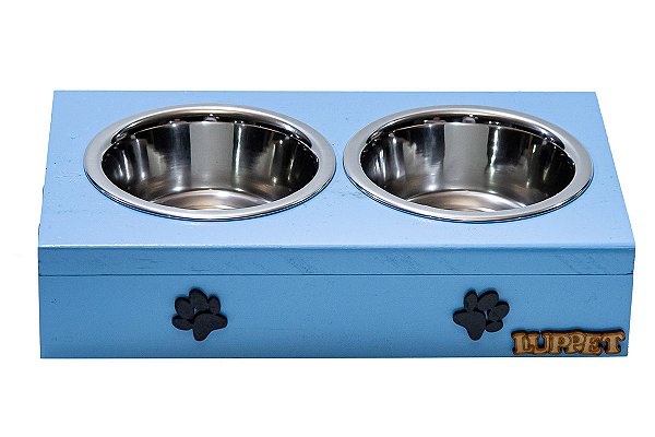Comedouro Com Patinhas De Madeira E Potes Inox Para Cachorro Azul (LP9512-02)