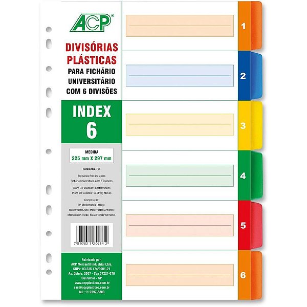 Divisória para Fichário Plástica com 6 Projeções Colorido