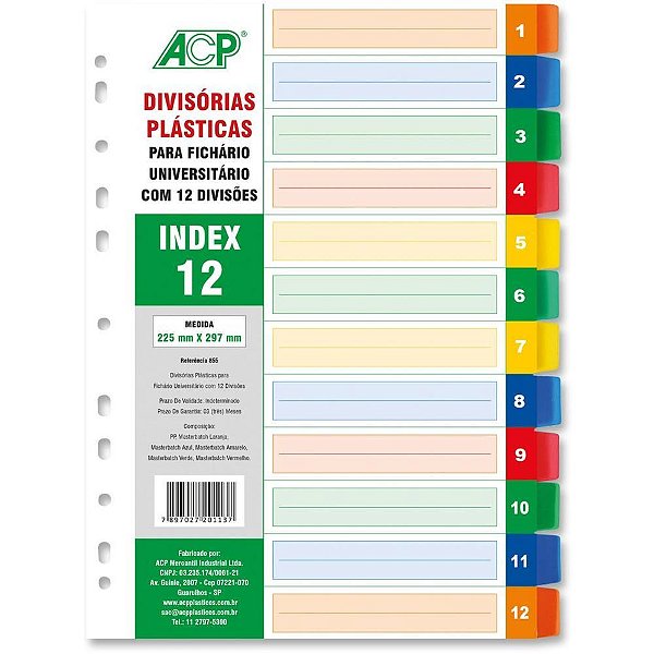 Divisória para Fichário Plástica com 12 Projeções Colorido