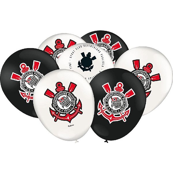 Balão Decorado 9" Emblema Corinthians 2023 Pacote com 25 Unidades