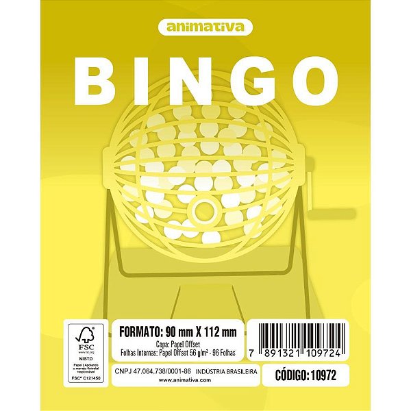 Bloco para Bingo Amarelo 90X112MM 96 Folhas Pacote com 10 Unidades