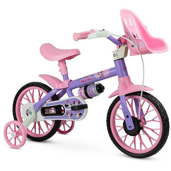 Bicicleta Infantil ARO 12 Minnie com Cestinha, Cadeirinha e Garrafinha