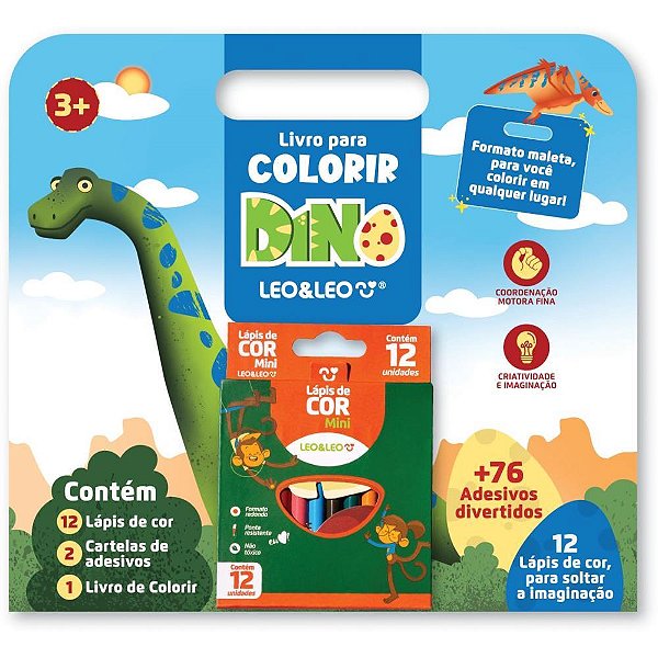 Livro Infantil Colorir Dino com 12 Lápis de COR e 76 Adesivos