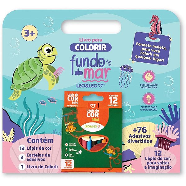 Livro Infantil Colorir Fundo do MAR com 12 Lápis de COR e 76 Adesivos