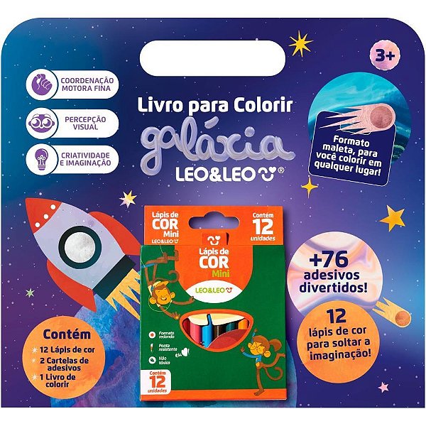 Livro Infantil Colorir Galáxia com 12 Lápis de COR e 76 Adesivos