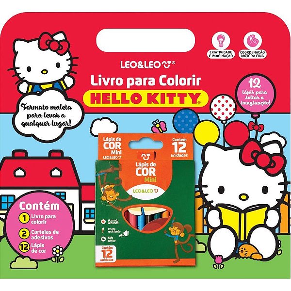 Livro Infantil Colorir Hello KITTY com 12 Lápis de COR e 76 Adesivos